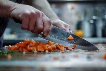 A closeup of a persons hands chopping carrots with a chefs knife on a wooden cutting board - obrazy, fototapety, plakaty