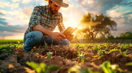 Smart Farming: Man with Digital Technology in Cropland - obrazy, fototapety, plakaty