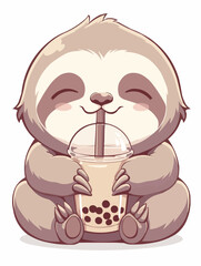 Kawaii illustrated Sloth drinking Boba Tea Bubble Tea / Japanese Neko Anime Illustration of a cute Pet loving Boba Tea