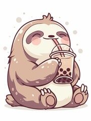 Kawaii illustrated Sloth drinking Boba Tea Bubble Tea / Japanese Neko Anime Illustration of a cute Pet loving Boba Tea