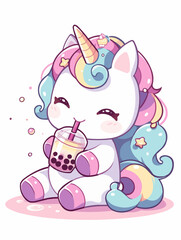 Kawaii illustrated Unicorn drinking Boba Tea Bubble Tea / Japanese Neko Anime Illustration of a cute Pet loving Boba Tea