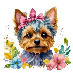 Watercolor illustration portrait of a cute adorable yorkshire terrier dog with flowers on isolated white background.	
