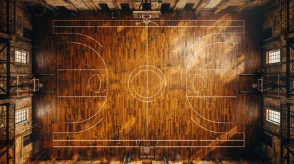 Hardwood Basketball Court Floor Viewed From Above