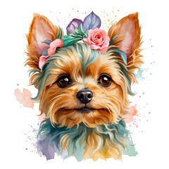 Watercolor illustration portrait of a cute adorable yorkshire terrier dog with flowers on isolated white background.	
