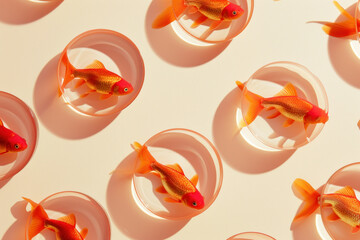 Group of goldfish in plastic bowls on white surface with sun shining on them, creating vibrant and colorful image