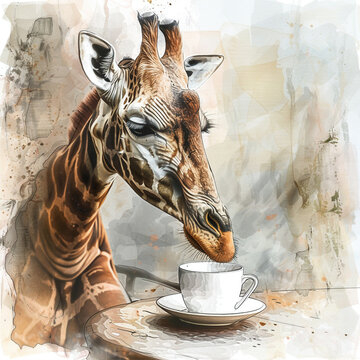 In watercolors, a giraffe sitting by a coffee table, savoring a moment of tranquility with a warm cup in its hooves