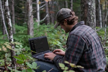 A man sits in the woods using a laptop to conduct a forest inventory analysis, collecting and analyzing data for GcHx purposes