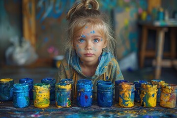 Child completely covered in paint during art class