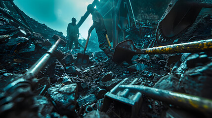 a many tools and shovels laying around in a coal mine and two coal miners working with the tools - obrazy, fototapety, plakaty