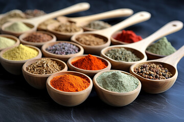 Various spices and herbs in plates on the table