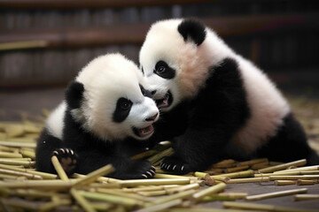 A pair of fluffy baby pandas tumbling and wrestling with each other on a dark bamboo mat.