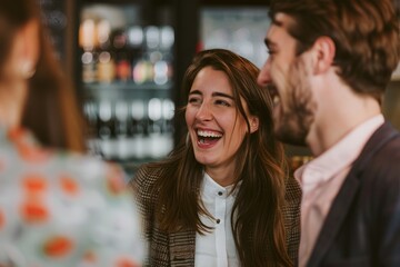 A man and a woman laughing together while enjoying drinks in a bar