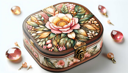 Highlighting the intricate details of a hand-painted watercolor jewelry box for Mother Day Close-up shots showcasing the delicate design of a handmade watercolor jewelry box intended as a special Moth - obrazy, fototapety, plakaty