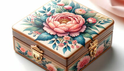Highlighting the intricate details of a hand-painted watercolor jewelry box for Mother Day Close-up shots showcasing the delicate design of a handmade watercolor jewelry box intended as a special Moth - obrazy, fototapety, plakaty