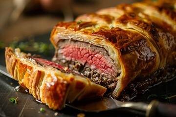 A closeup shot capturing a single Beef Wellington slice on a plate with a knife, showcasing the savory texture and presentation - obrazy, fototapety, plakaty