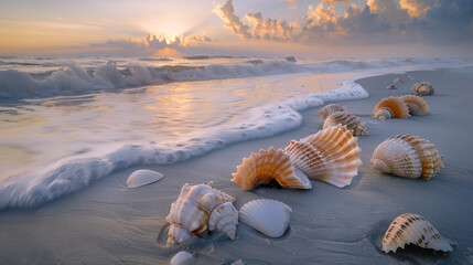 The Myrtle Beach coast whispers secrets at dawn, shells scattered like jewels on its shores - obrazy, fototapety, plakaty