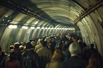 A crowd of people moving through a tunnel, illuminated by dim lighting, in a wide-angle shot