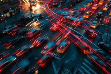 A closeup view of a city intersection at night filled with cars, buses, and pedestrians, in the midst of a chaotic traffic jam - obrazy, fototapety, plakaty