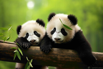 A pair of curious baby pandas playfully climbing a bamboo tree, their black and white fur...