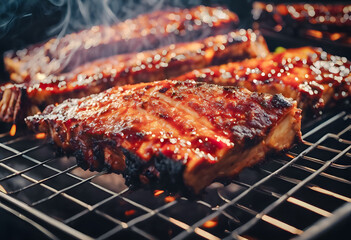 Juicy barbecued ribs with a glossy glaze cooking on a grill, smoke rising, close-up. - obrazy, fototapety, plakaty