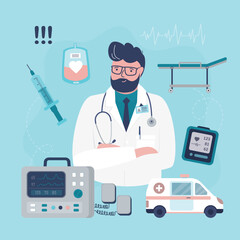Resuscitation doctor with medical tools. Worker reanimation hospital.  Paramedic giving first aid with defibrillator. Emergency doctor. Reanimation,