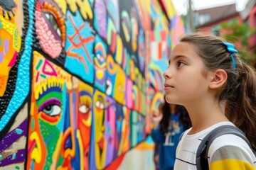A young girl standing in front of a vibrant, multicolored wall