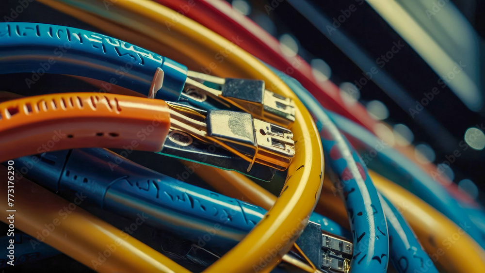 Poster cables for high tech connect in data center room. technology background