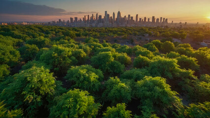 Beautiful sunset in the city park with skyscrapers and green trees