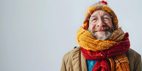 Cheerful Senior Man Proudly Displaying His Handknitted Scarf in a Warm and Cozy Studio Setting