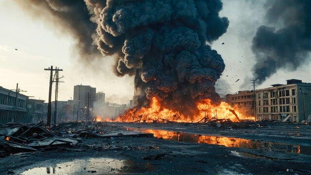 Burning buildings in the city. Fire and smoke from the burning building