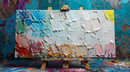 Painting palette with brushes and oil paints on a wooden background