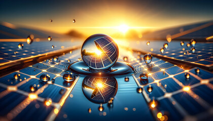 Photo real for Solar Reflection A droplet mirroring solar panels promoting renewable energy. in close-up water drop  theme ,Full depth of field, clean bright tone, high quality ,include copy space, No - obrazy, fototapety, plakaty