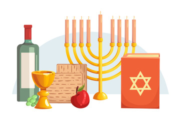 Happy Passover Illustration with Wine, Matzah, Torah, Menorah. Pesach Jewish Holiday Vector Cartoon Illustration.