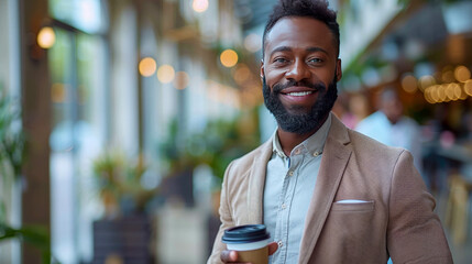 Portrait of smiling african american man with coffee cup in city