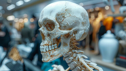 Human skeleton in a shop window, close-up. Skull of a pirate in the museum. Selective focus