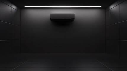 black air conditioner in a black room with dim lighting - obrazy, fototapety, plakaty
