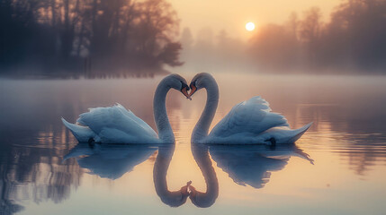 Two swans on a foggy lake at sunrise. Romantic background