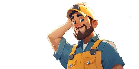 Satisfied Mechanic Wiping Brow After Completing Repair Task on White Background with Copy Space