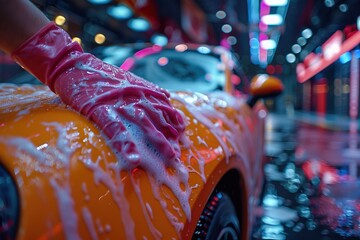Hand washing a car with microfiber cloth close up shot
