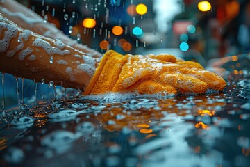 Close up shot of a Hand washing a car with microfiber cloth
