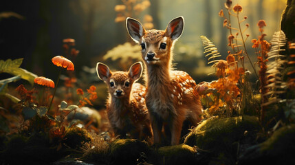 A pair of baby deer exploring a forest glade, their delicate features and spotted coats creating a serene and enchanting image of woodland wildlife. - obrazy, fototapety, plakaty