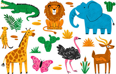 Obraz premium Safari wild animals, zoo, cute childish hand drawn illustrations, clipart. Giraffe, elephant, lion, ostrich, gazelle, crocodile, meerkat, butterfly, plants, cactus, fern, bushes, grass