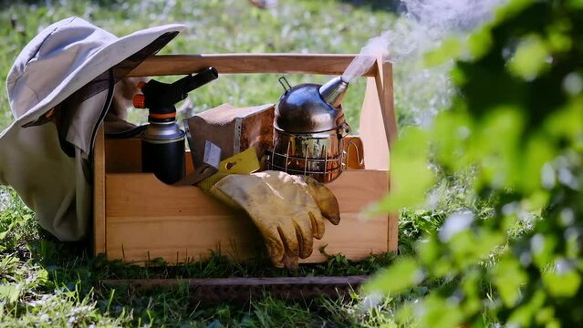 The apiary and honey making, small agricultural business and hobby. Using smoker to calm bees in a beehive.