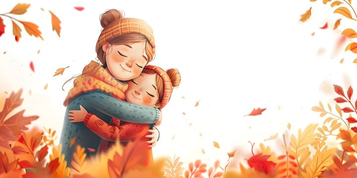 A Warm Embrace Amidst Autumn s Vibrant Foliage A Mother and Child Sharing a Tender Moment in the Serenity of Nature