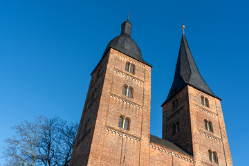 Photo of the red tips of Altenburg. Landmark of this small town in Thuringia. Two different church...
