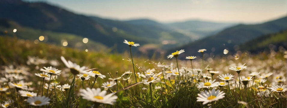A pastoral scene straight from a storybook, where sun-kissed hillsides are embellished with blooming daisies, capturing the essence of spring and summer.