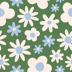 Fototapeta na wymiar Seamless pattern with white and blue groovy daisy flowers on a green background. Pastel colors. Vector illustration