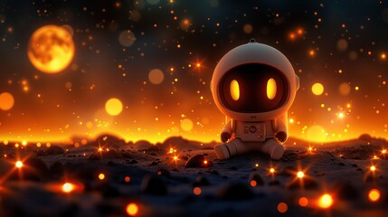 Cute little cartoon astronaut sitting on another planet. Cosmonautics Day. Generative AI - obrazy, fototapety, plakaty