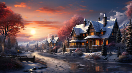 A cozy winter cottage near the river, covered in snow. A gentle stream winds through the front yard under the warm hues of the sunset - obrazy, fototapety, plakaty