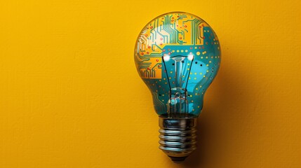 a circuit-printed light bulb symbolizing innovation and technology on a vivid yellow background, blending digital computing with business creativity